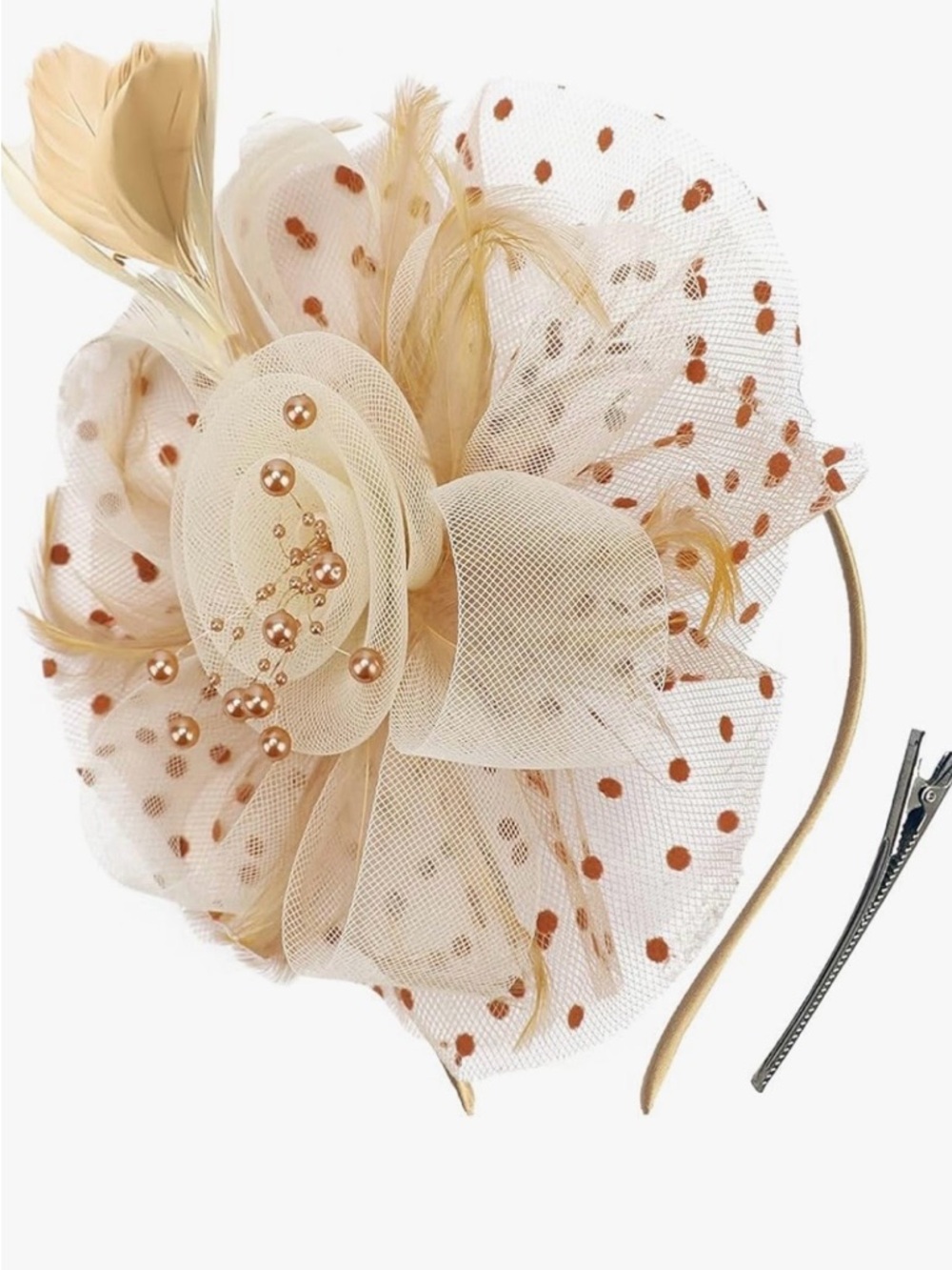 Elegant Beige Polka Dot Fascinator Headband with Feathers